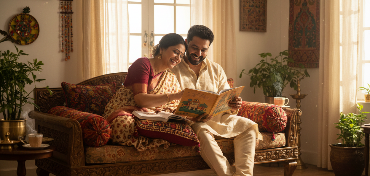 indian couple happy reading
